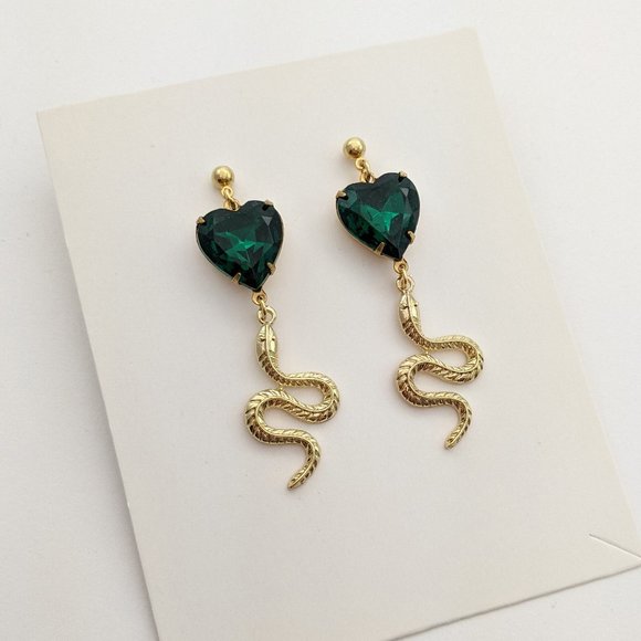 Emerald Crystal Heart Snake Earrings - Picture 3 of 3